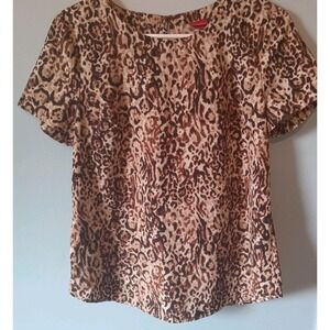 Merona Womens Size M Short Sleeve Leopard Print Blouse‎ Top Brown Black